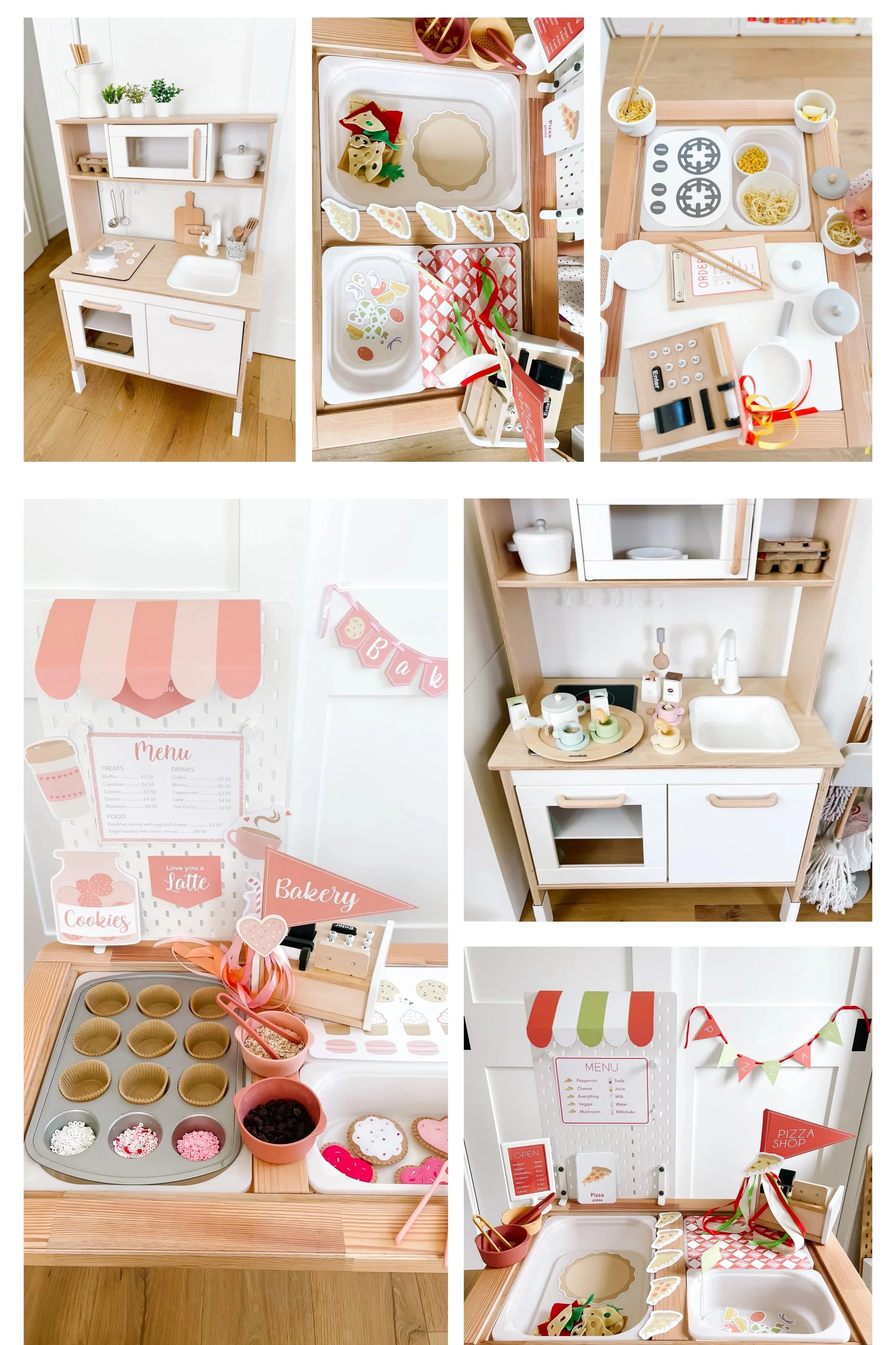 IKEA play kitchen ideas collage: DUKTIG makeover, pizzeria, ramen shop and bakery setups