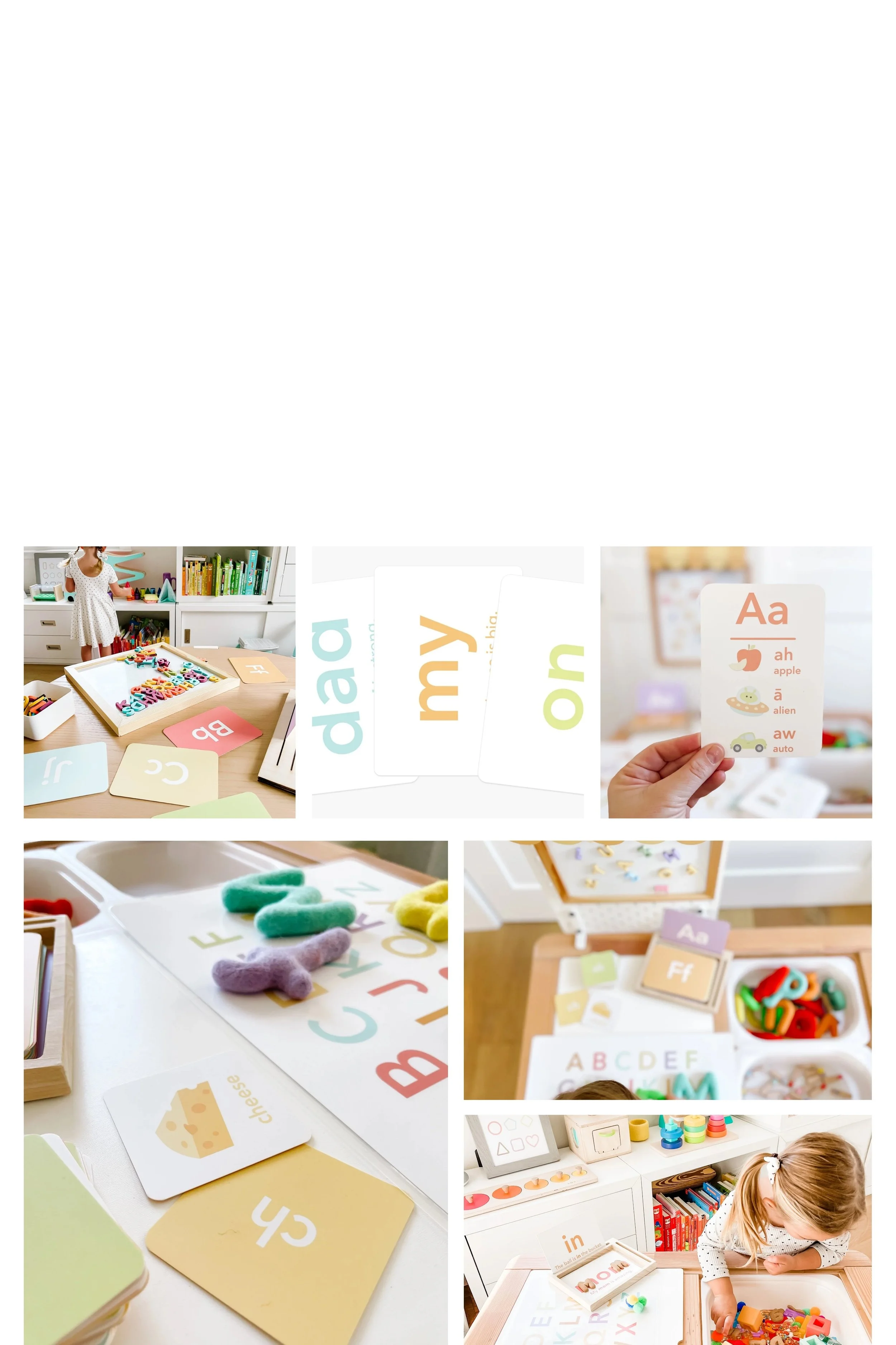 Phonics activities for toddlers collage: letter board blending, alphabet sensory bins and picture alphabets