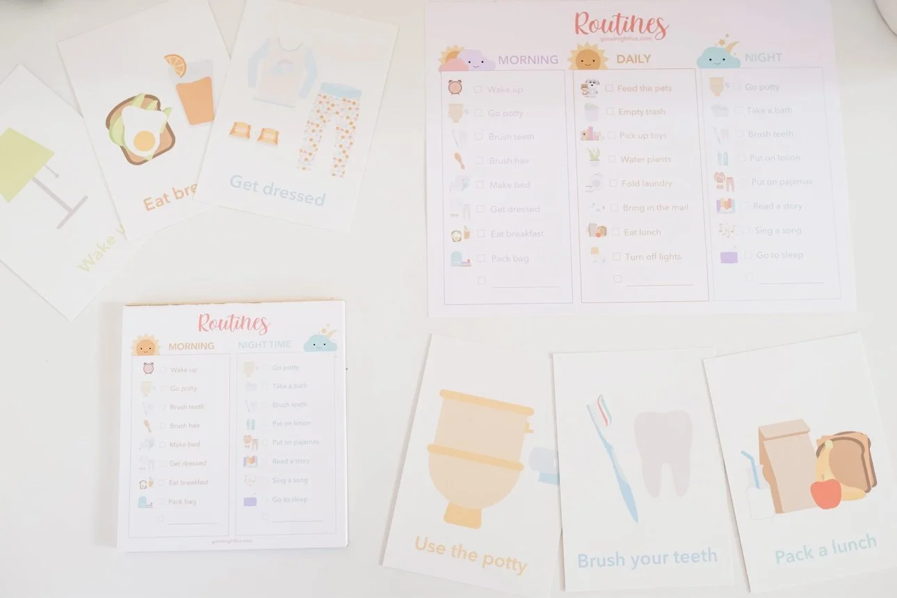 Kindergarten readiness checklist: morning routine cards laid out in order for a preschooler