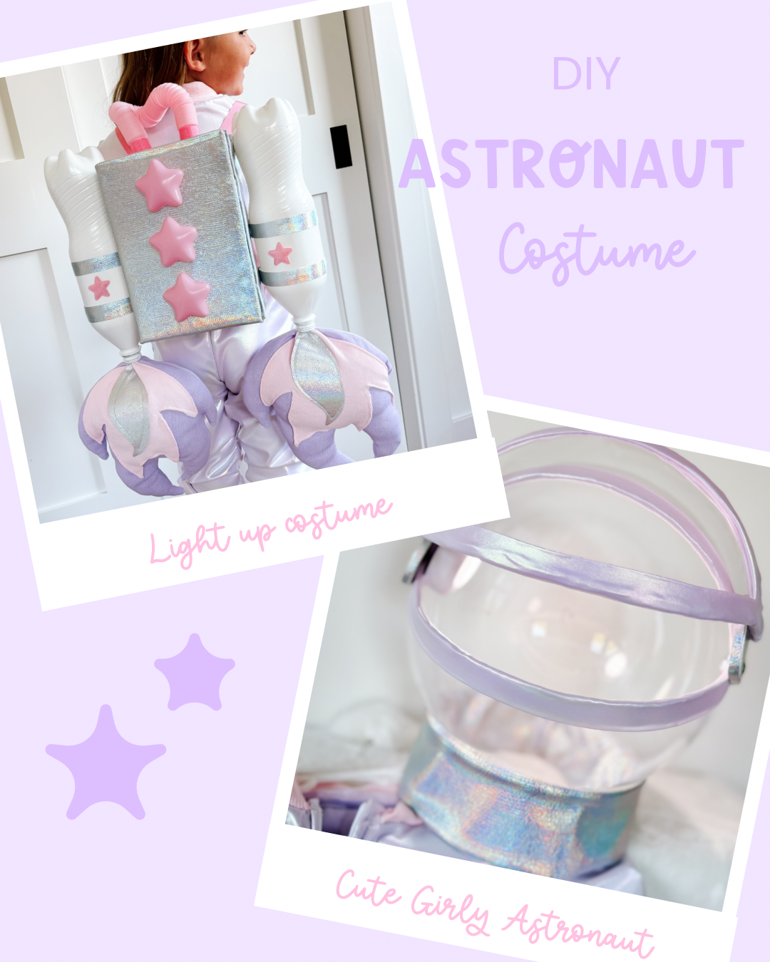 Child wearing a handmade pastel astronaut costume with helmet and jetpack