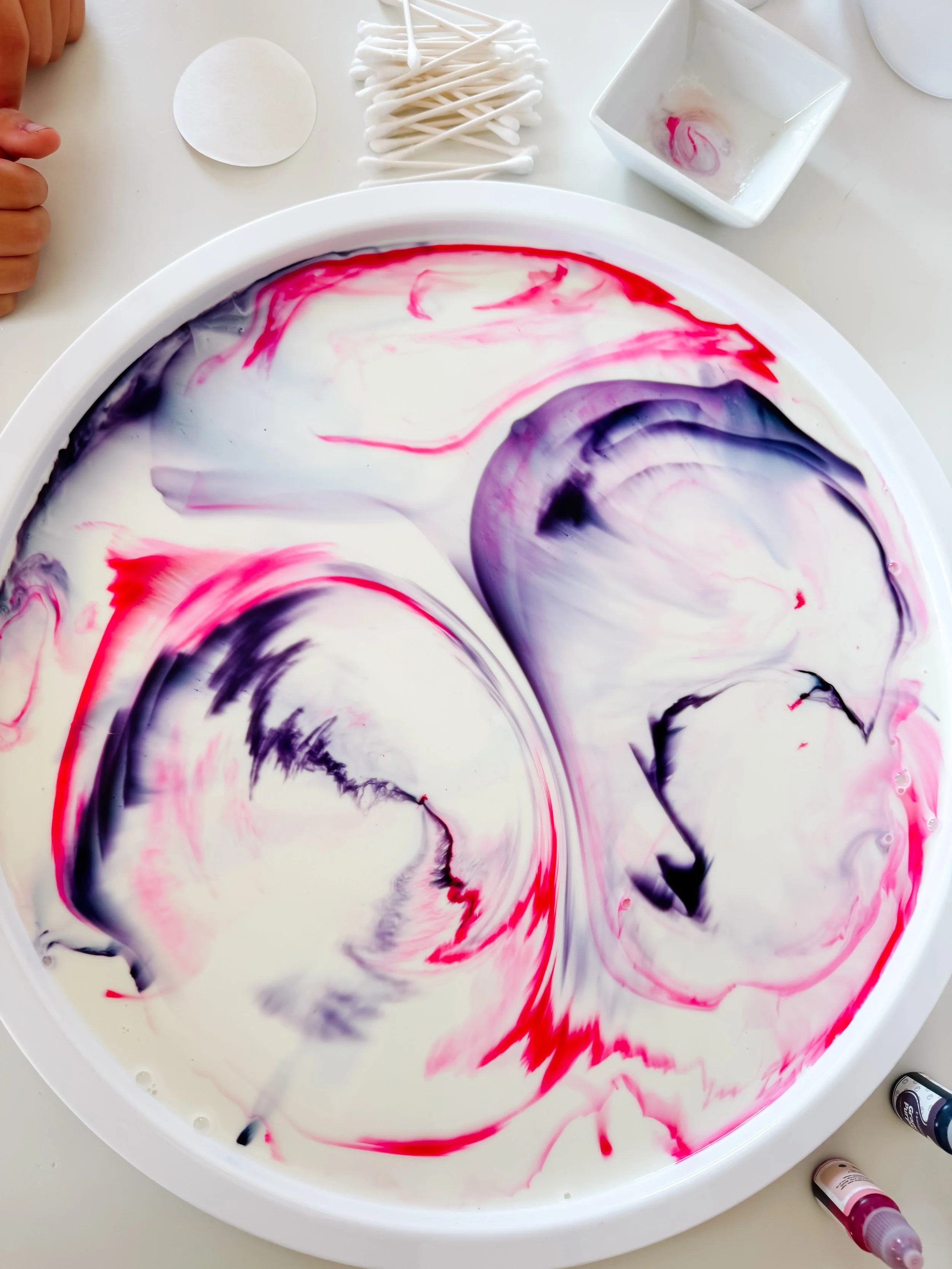 Large swirling circles of pink and purple food coloring moving through milk.