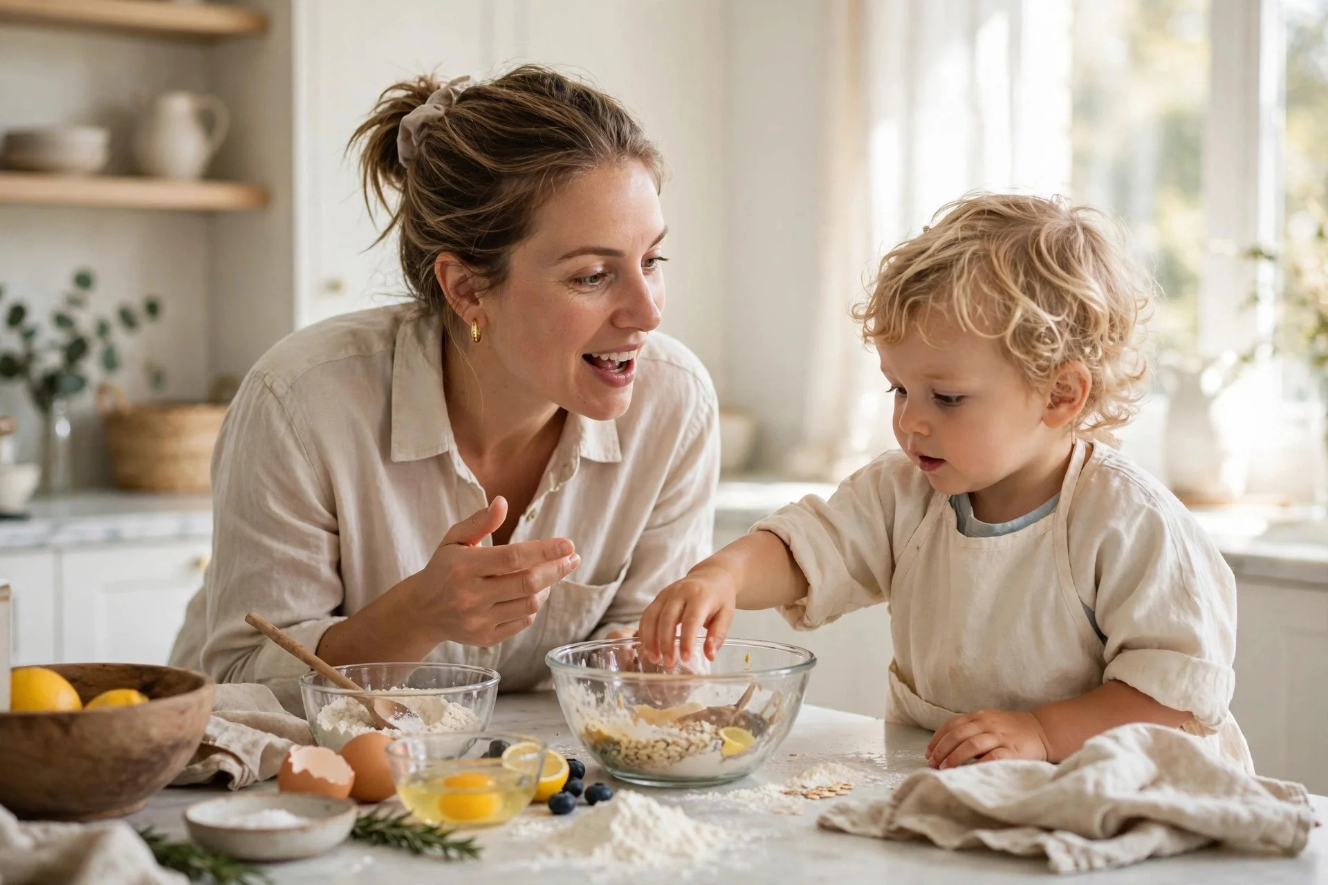 Mom narrating daily activities to encourage toddler talking — toddler speech delay activities