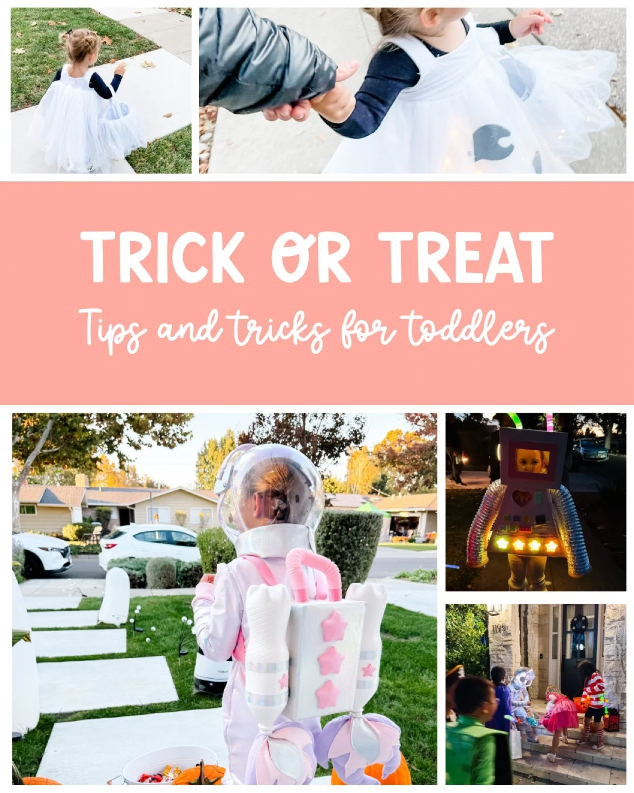 Trick-or-treat tips and tricks for toddlers — girl in a light-up robot costume, astronaut costume, and ghost costume holding hands while trick-or-treating