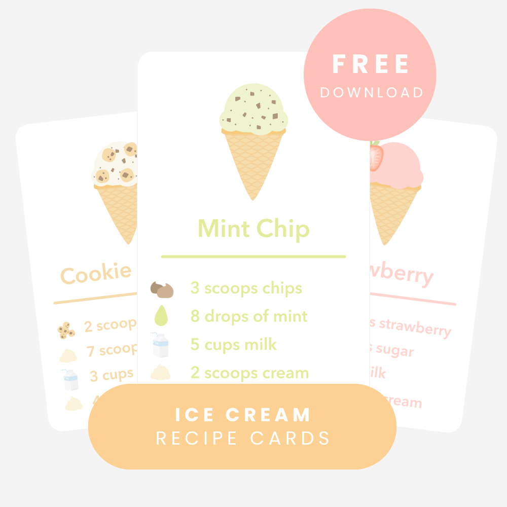 Free Download Ice Cream Recipe Cards for Sensory Play, Mud Kitchen, Play Kitchen Toddler Screen-Free Play Based Learning