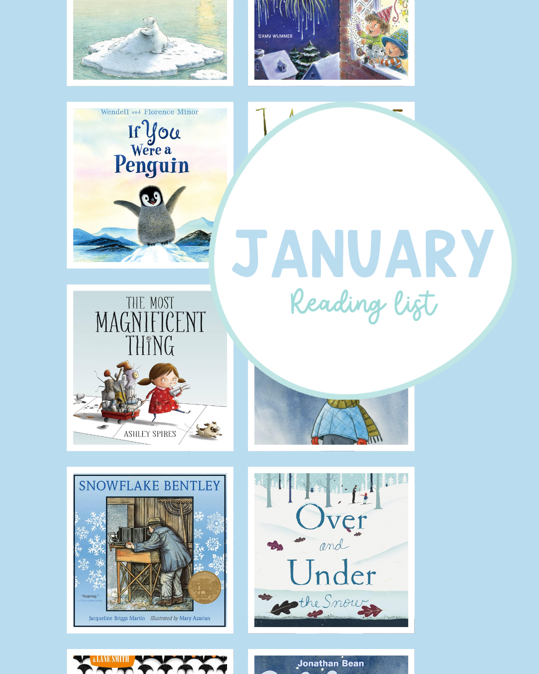January homeschool reading list for ages 3–5 featuring winter, Arctic, food, and social-emotional picture books for preschool and kindergarten learning