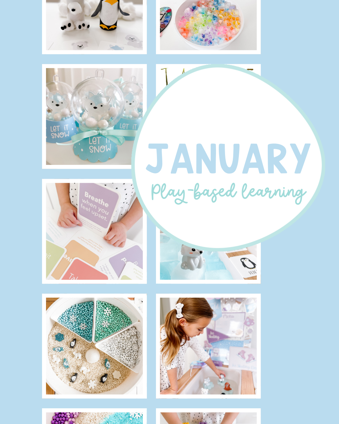 Grid of images of January play based learning crafts and sensory play for toddlers and preschoolers