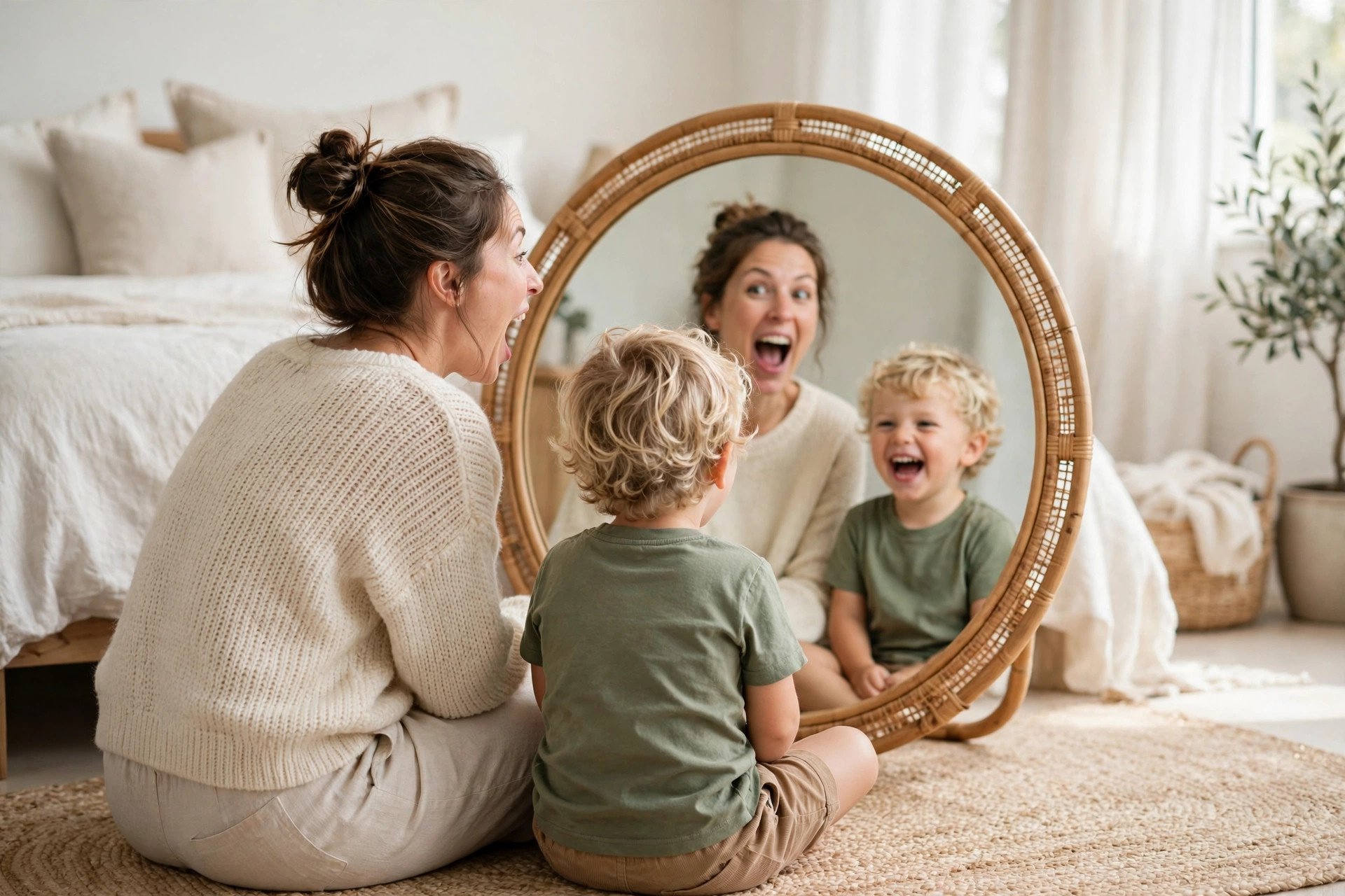 Mom and toddler doing mirror play together for speech development — toddler speech delay activities