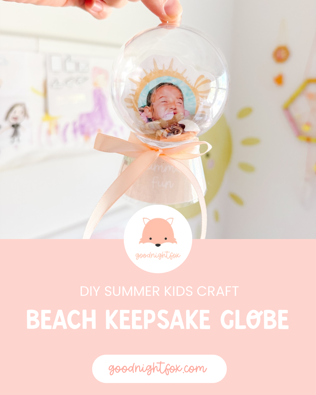 DIY Summer Keepsake Globe filled with seashells and a child's vacation photo