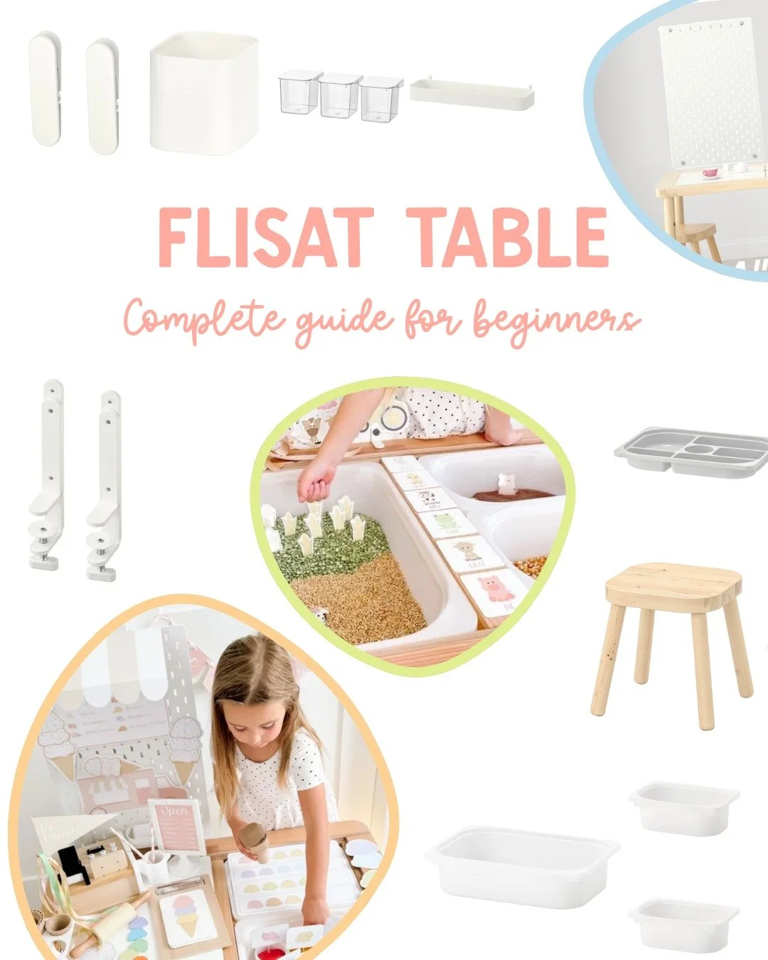 IKEA FLISAT table guide — sensory table setup with TROFAST bins, SKADIS pegboard and accessories