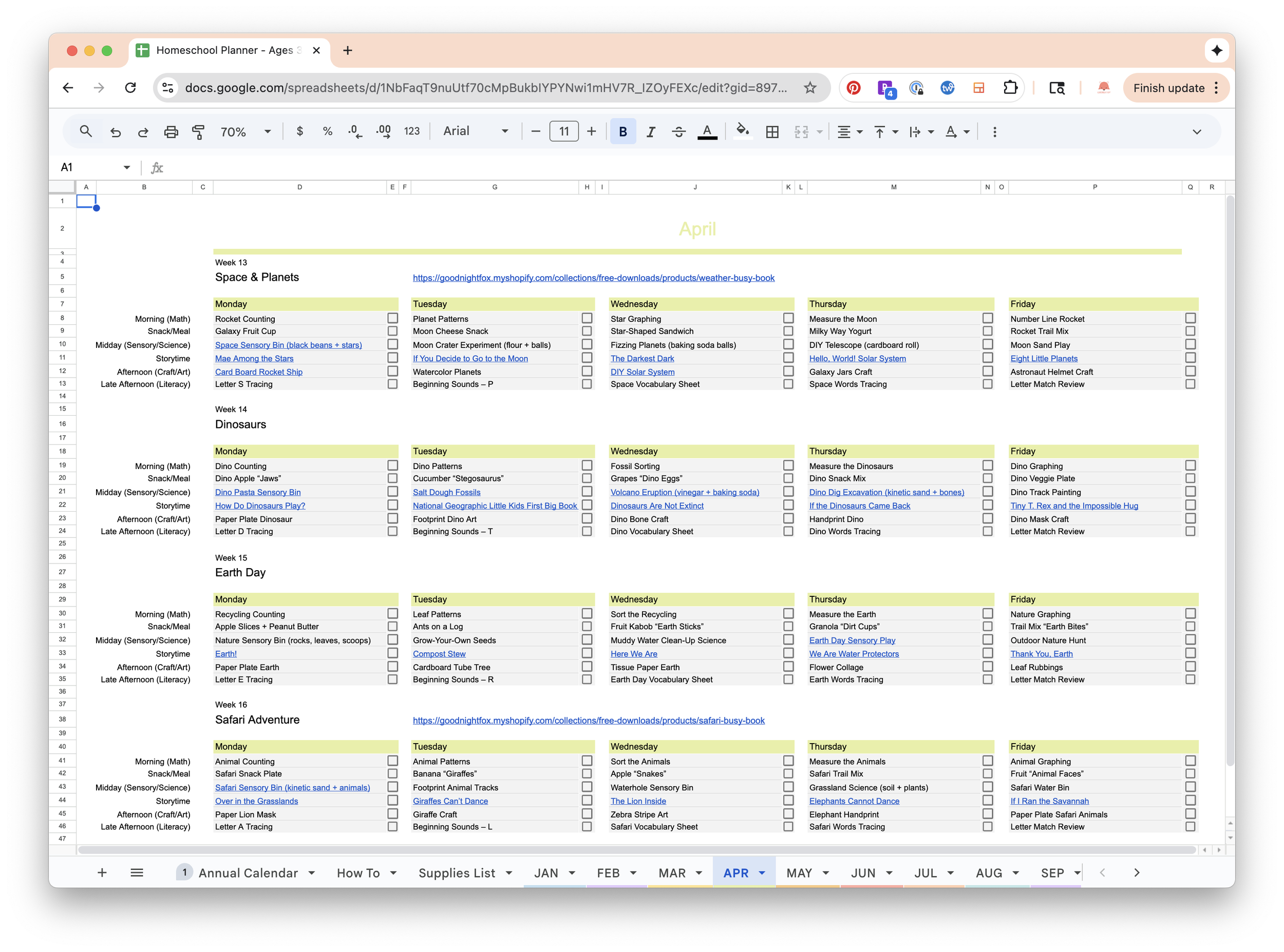 Detailed outline of the April homeschool planner schedule 5 days a week with 5 blocks of activities including math, snacks, sensory, science, storytime, crafts, and literacy.