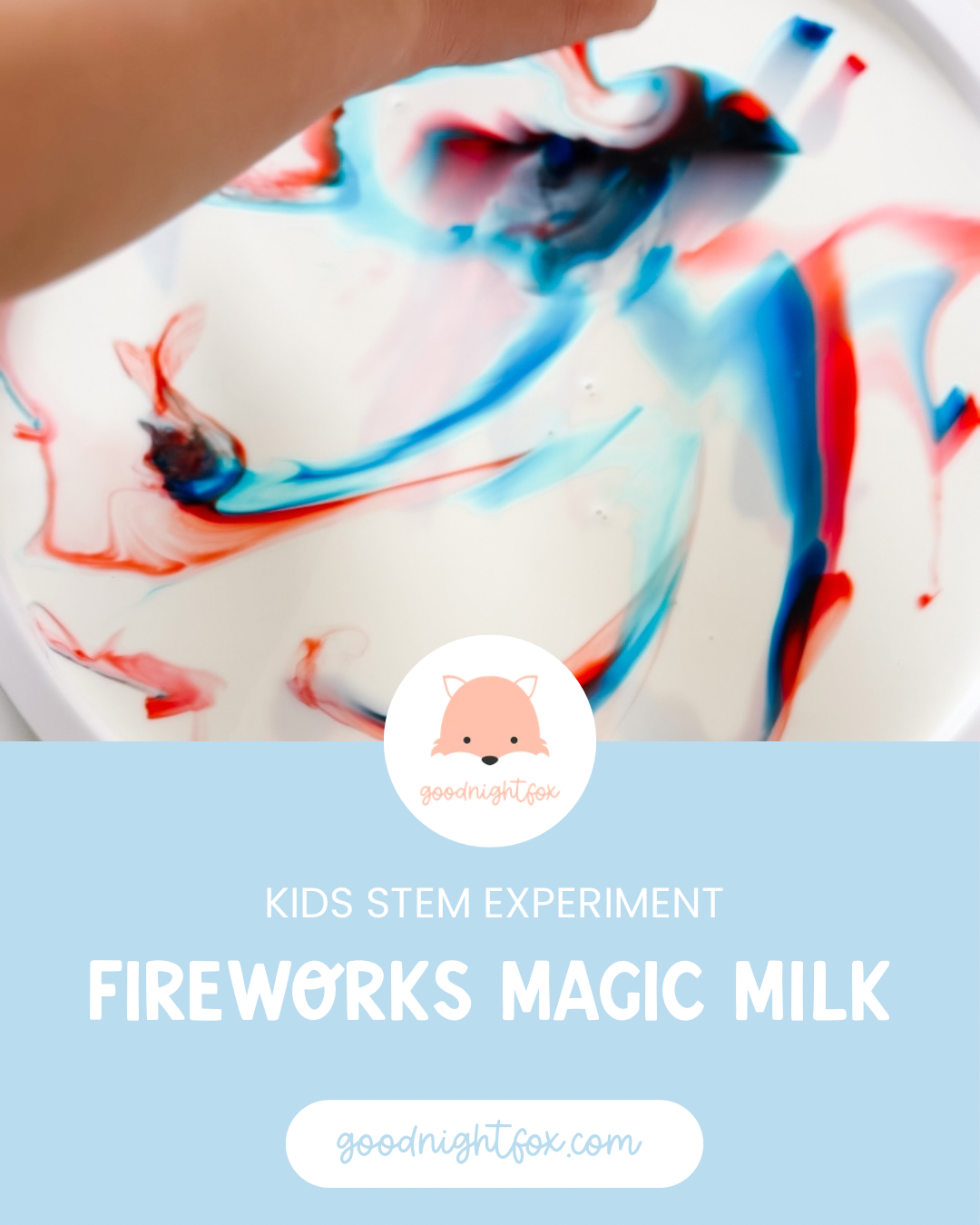 Fireworks milk experiment for kids with red and blue food coloring swirling across milk.
