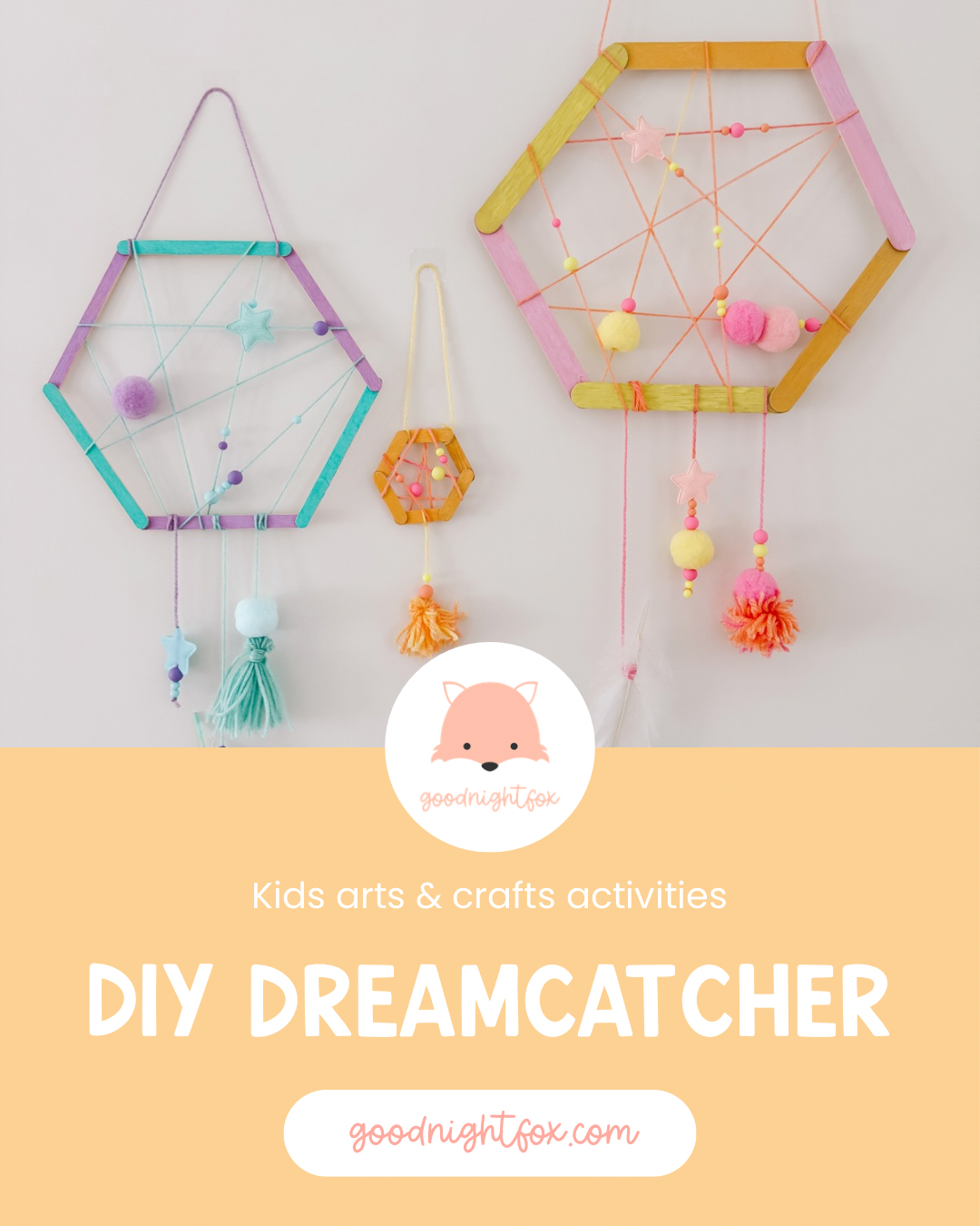 Three colorful dreamcatcher-inspired crafts made with painted craft sticks, yarn webs, beads, stars, pom-poms and tassels.