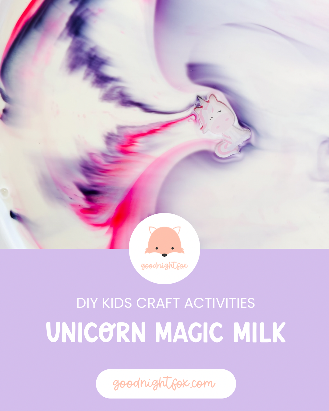 Unicorn Magic Milk science experiment with swirling pink and purple food coloring and a unicorn acrylic charm.