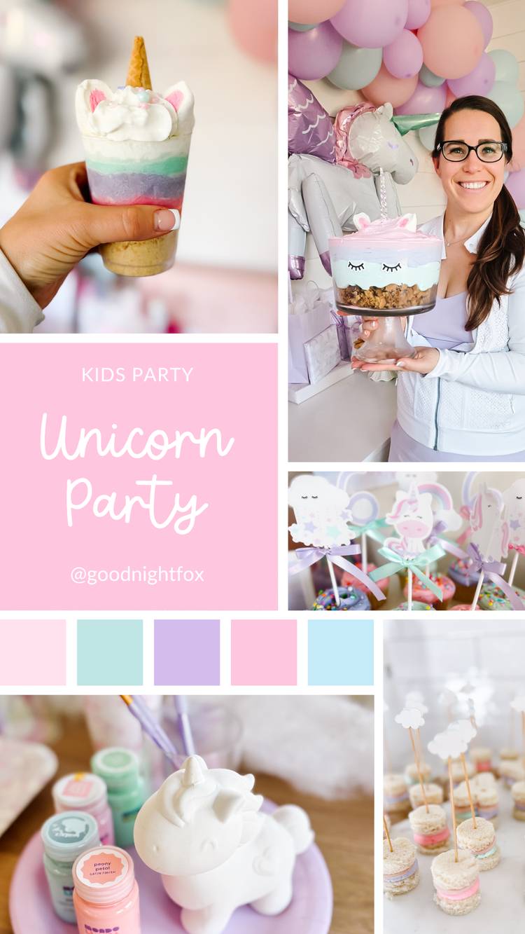 Unicorn birthday party collage: balloon arch, dessert table, unicorn cake, party favors and activities