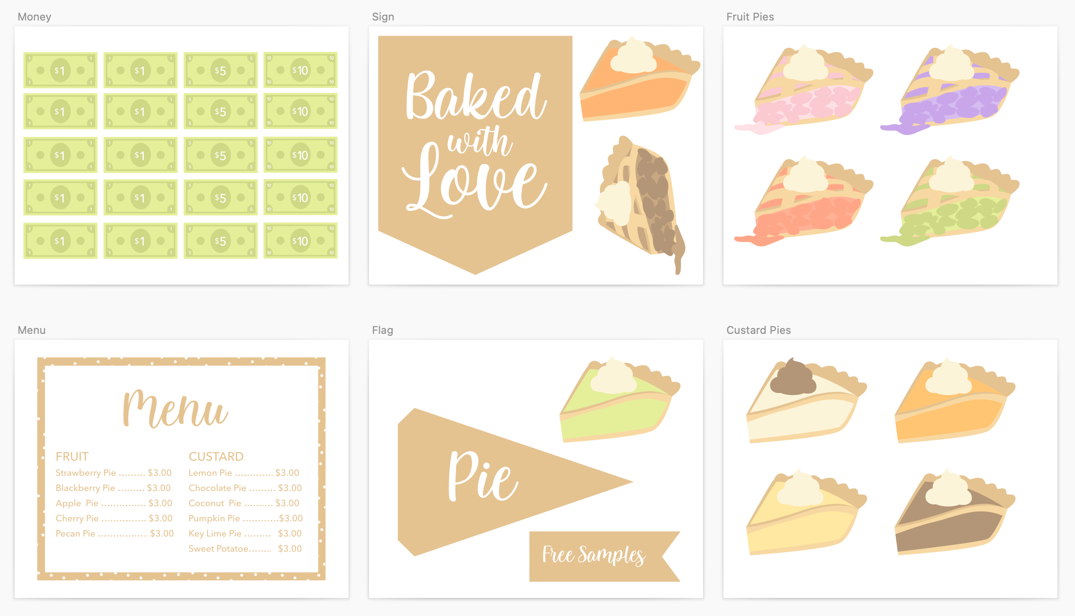 Pie Baking Dramatic Play Printables pages: play money, a 'Baked with Love' sign, fruit and custard pie illustrations, a pie shop menu, and a 'Pie — Free Samples' flag