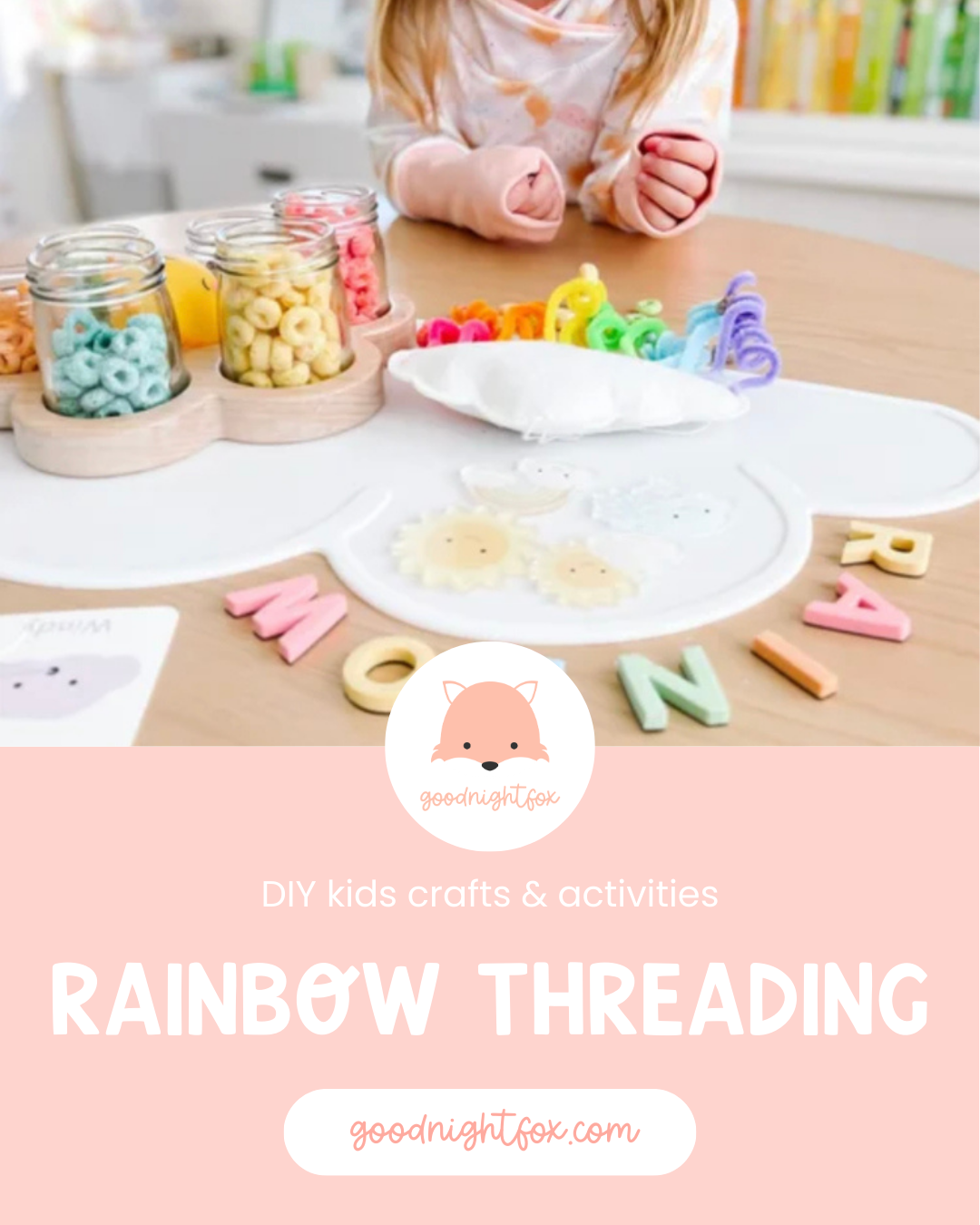 Rainbow threading craft Pinterest graphic for GoodnightFox.