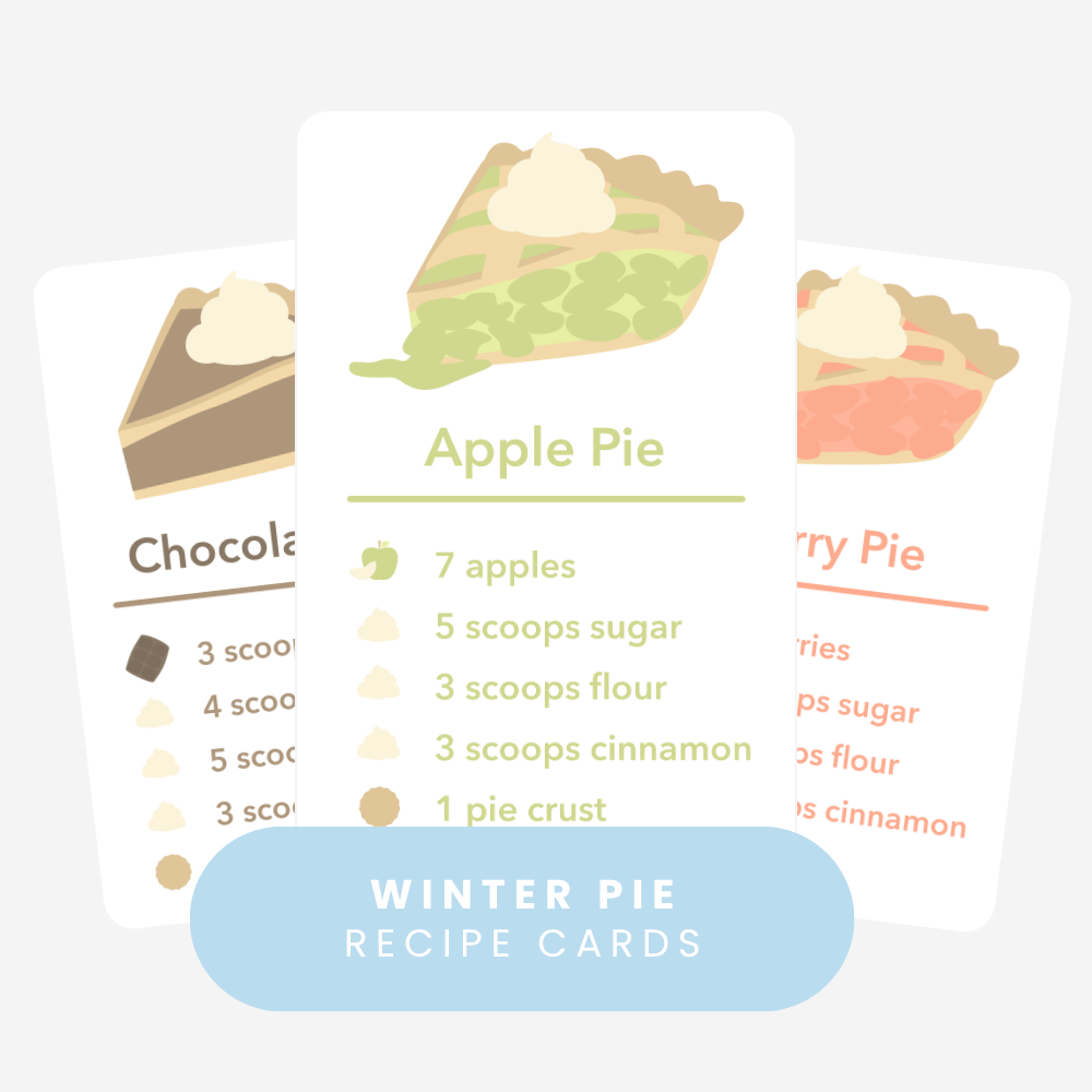 Winter Pie Recipe Cards cover showing the Apple Pie card with Chocolate Pie and Cherry Pie cards behind it