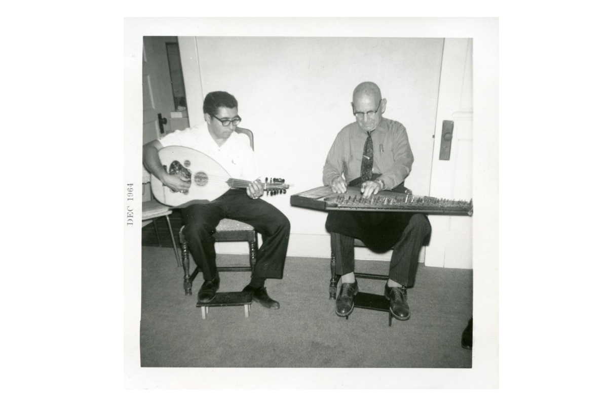 Kanouni Garbis Bakirgian and Richard Hagopian performing at a private house party in Yettem, California circa December 1964 (Image: Courtesy of Richard A. Hagopian)