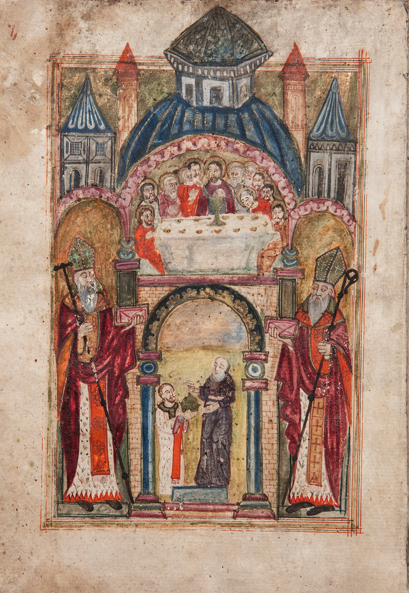 Illumination of the Liturgy of the Eucharist. Hand-copied in AD 1711 by Yeghia Marsvantsi Elijah of Marsvan. Donated to the Armenian Museum by Adele and Haig Der Manuelian.