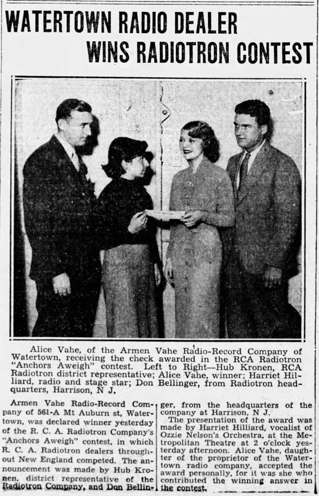  An article highlighting an award granted to Armen Vahe Radio-Record Co by RCA, showing Armen's neice, Alice Arozian (missidentified as his daughter) accepting the award, in the Friday September 14, 1934 issue of the Boston Globe. (image: Newspapers.