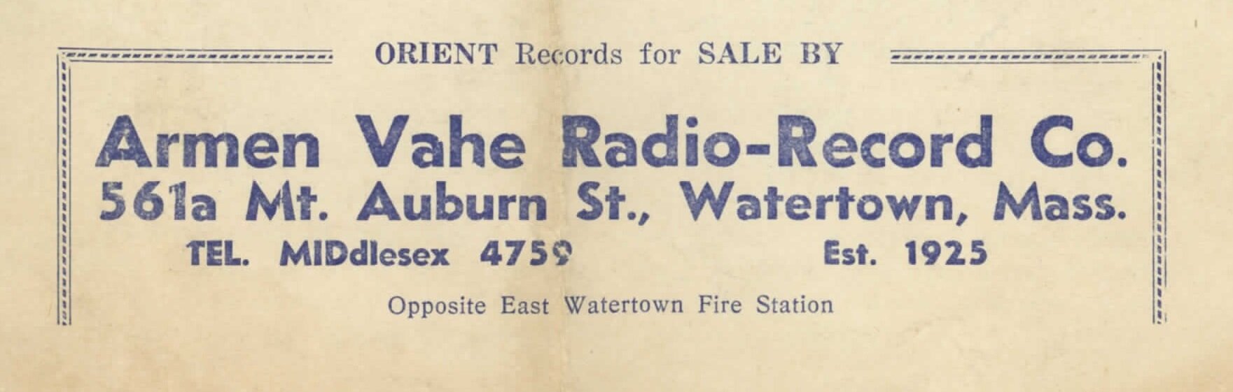  An advertisement for Orient Records label operated by Armen Vahe Radio-record Co. Detail from label catalog. (Scan: Armenian Museum) 