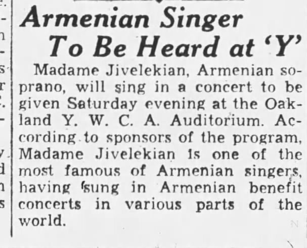  Concert listing for Nevarthe Jivelekian appearing in Oakland, California in Nov. 2, 1932. Oakland Tribune (Image:  Newspapers.com)  