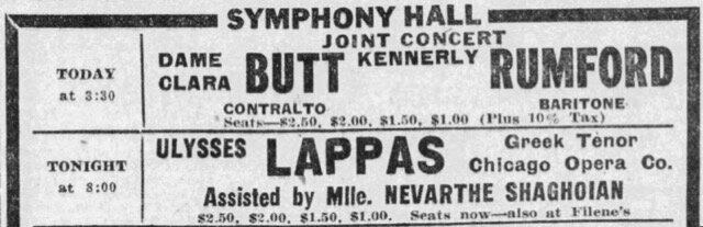  Concert listing for performance of Ulysses Lappas accompanied by Nevarthe Shaghoian (Nevarthe Jivelekian) at Boston Symphony Hall, in the March 19, 1922 issue of the Boston Globe (Image:  newspapers.com ) 