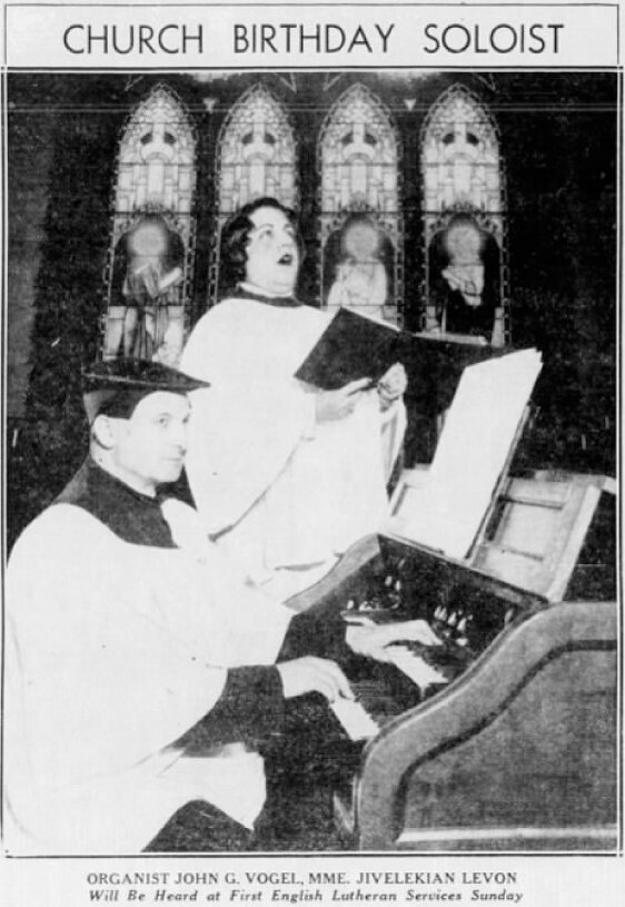  Listing for vocal performance by Nevarthe Jivelekian at a church service in June 13, 1936 issue of the San Francisco Examiner (Image:  newspapers.com ) 