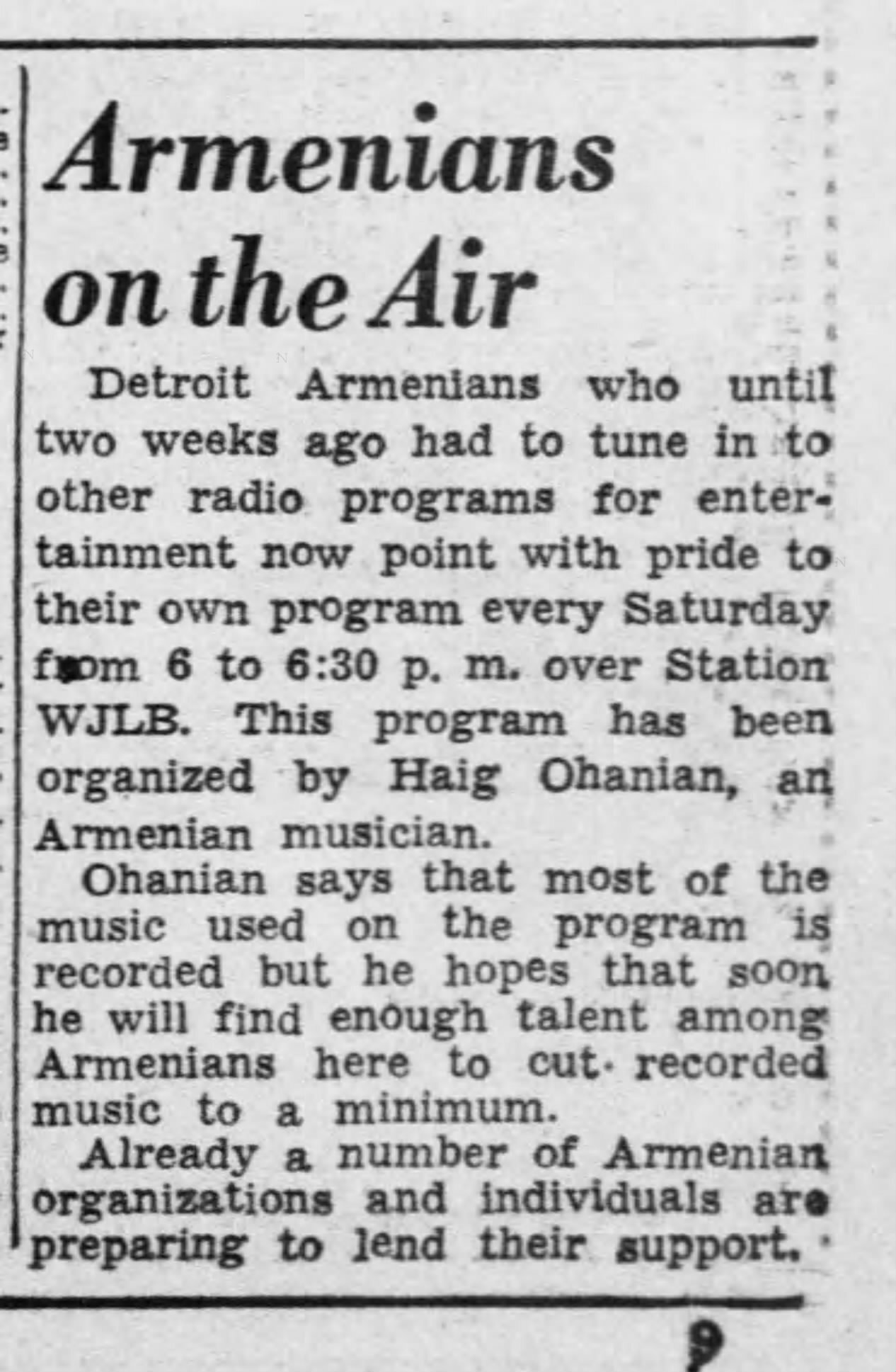  Listing for the Armenian radio hour organized by Haig Ohanian on Detroit's WJLB station in June 6, 1943 issue of The Detroit Free Press (Image:  newspapers.com ) 