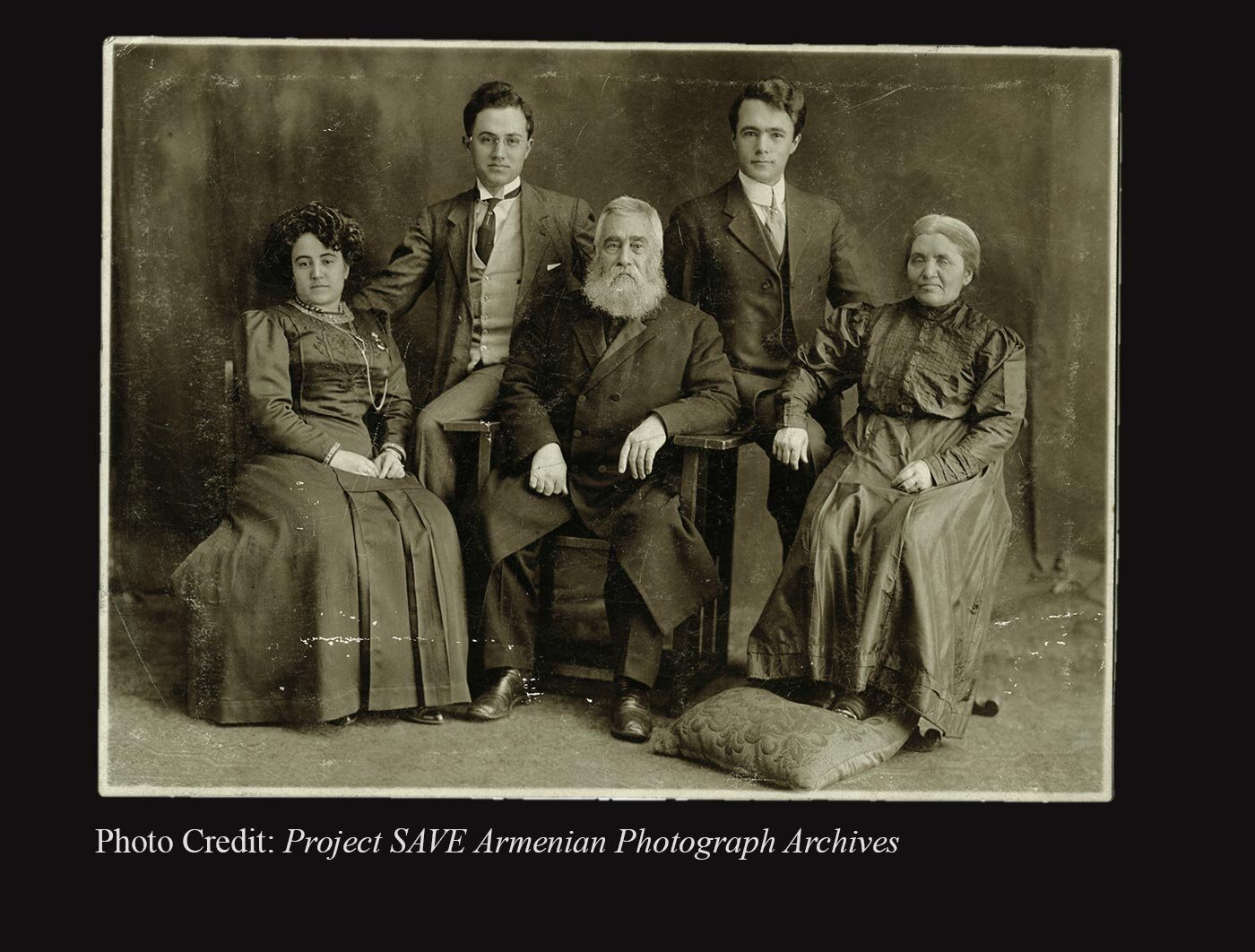  Tashjian family portarit, with (right to left) Shoushan, Nishan, Sarkis, Levon, unidentified (Photo Credit: Project SAVE Armenian Photograph Archives) 