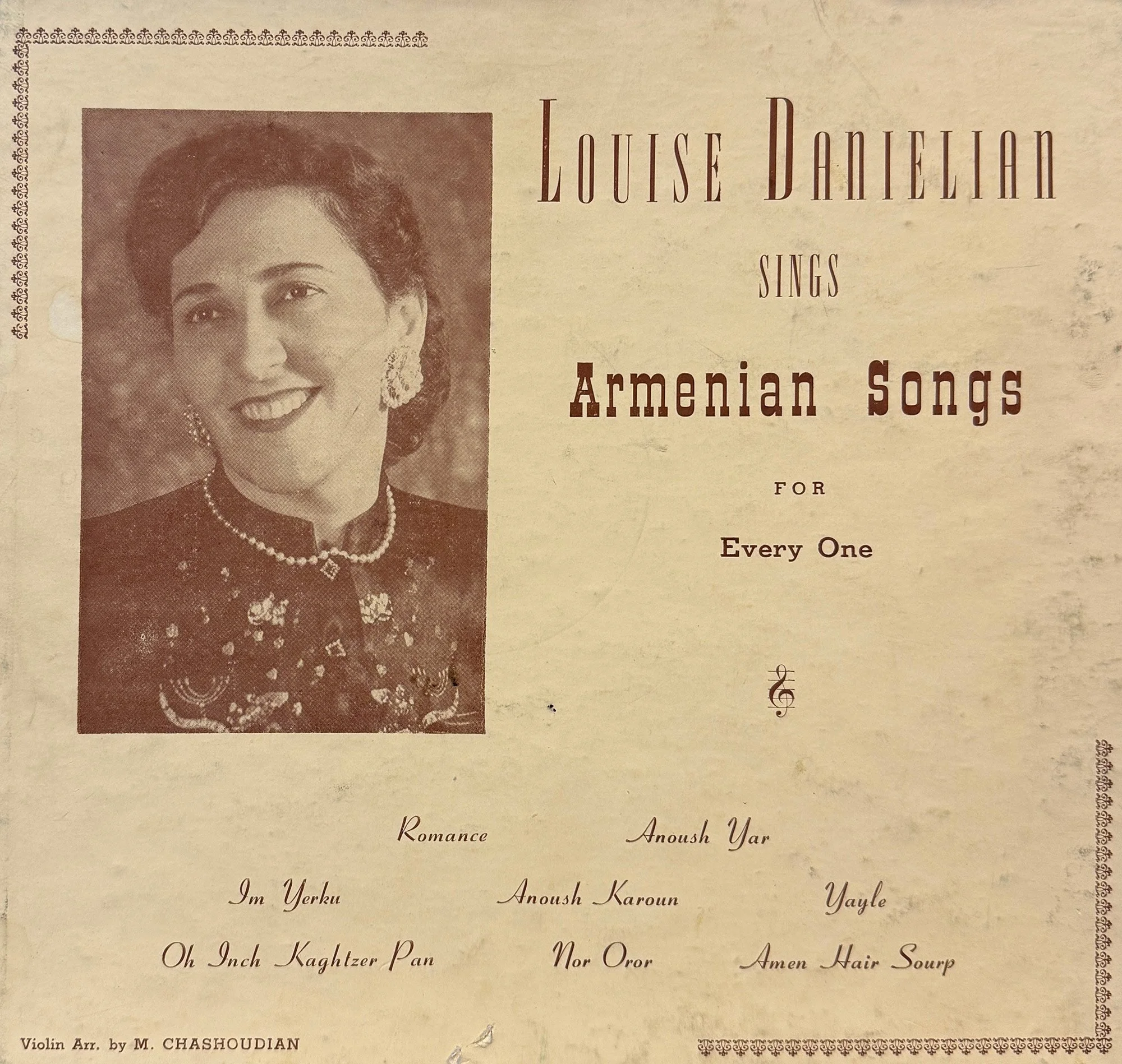 Portrait of Louise Danielian on the cover of her album, Louise Danielian Sings Armenian Songs for Everyone, circa 1940s (Image source: Armenian Museum Of America)