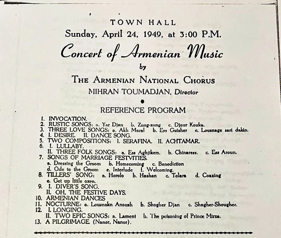Portion of cover page from the program for the APril 24, 1949 concert of the Armenian National Chorus at New York City Town Hall.