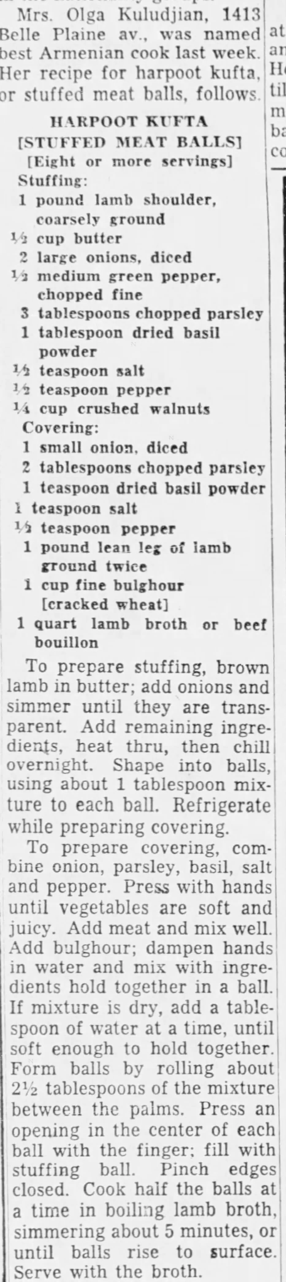 Newspaper clipping of Olga Kuludjian’s kufte recipe featured in the August 16, 1956 issue of the Chicago Tribune (Image source: Newspapers.com)