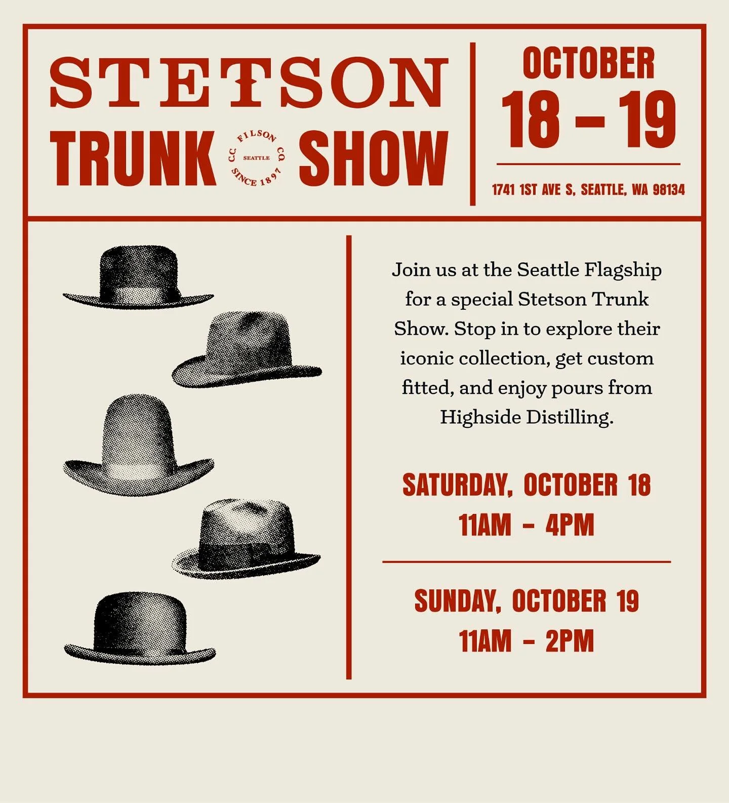 Come see us this weekend @filson1897 at their Flagship store in SoDo - we’ll be pouring whiskey while you shop and check out the trunk show from @stetsonusa . Cheers!
.
.
.
#whiskey #whisky #singlemalt #americansinglemalt #seattle #fashion #pnw