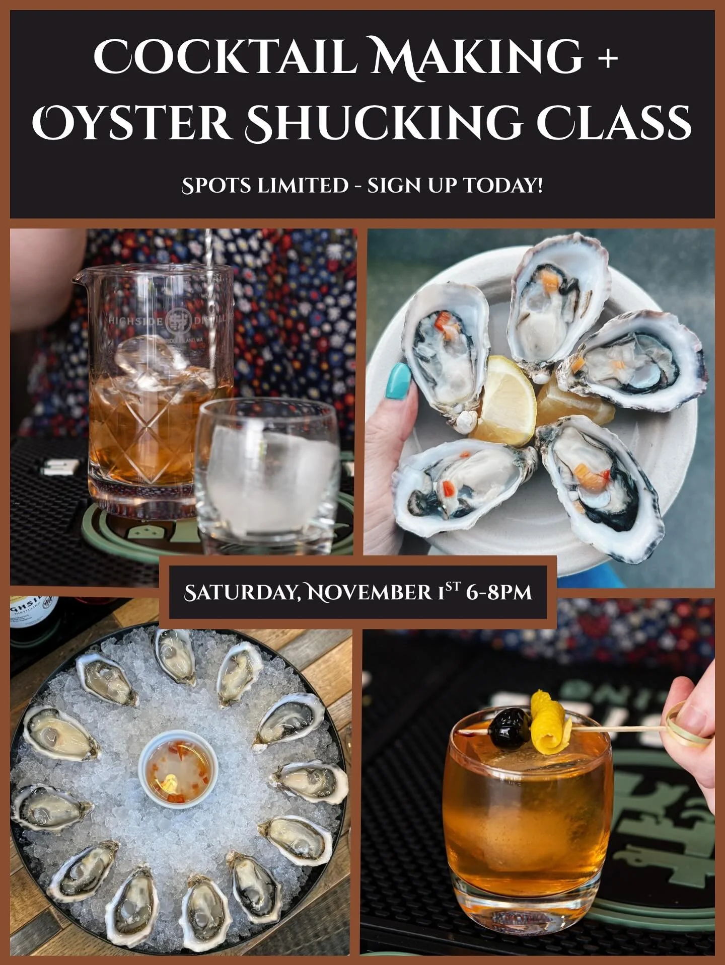 Our first combined Cocktail Making / Oyster Shucking Class is coming up on November 1st and spots will be extremely limited!
.
Join us for a fun, hands-on evening where we’ll walk you through making two classic cocktails and learning how to shu