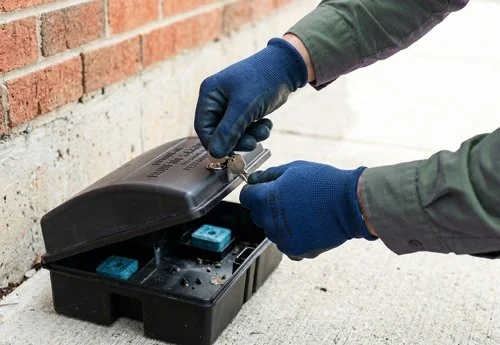 Rodent control technician checking a rodent trap
