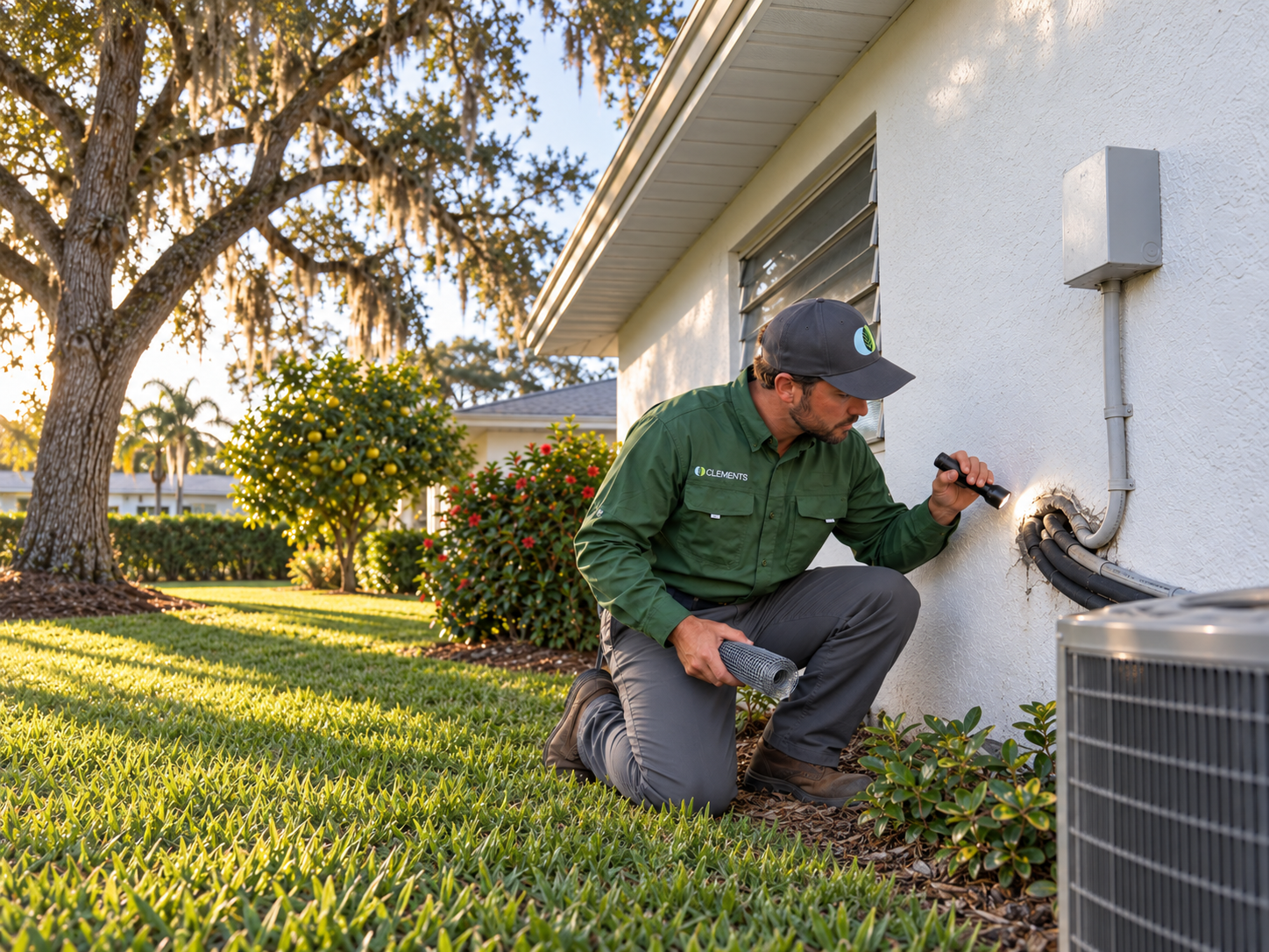 Clements tech inspecting rodent entry points