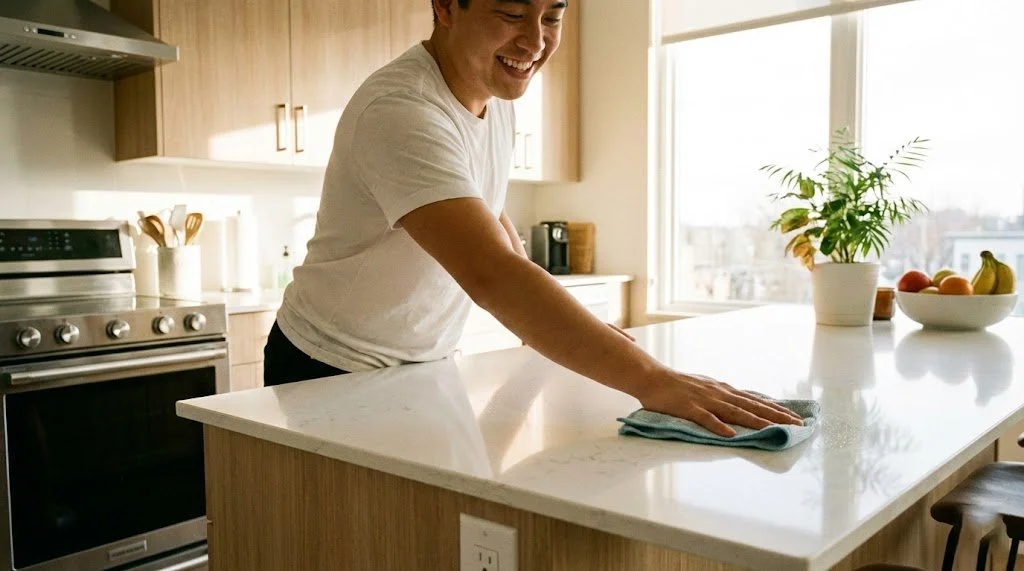 A man wiping down a kitchen countertop