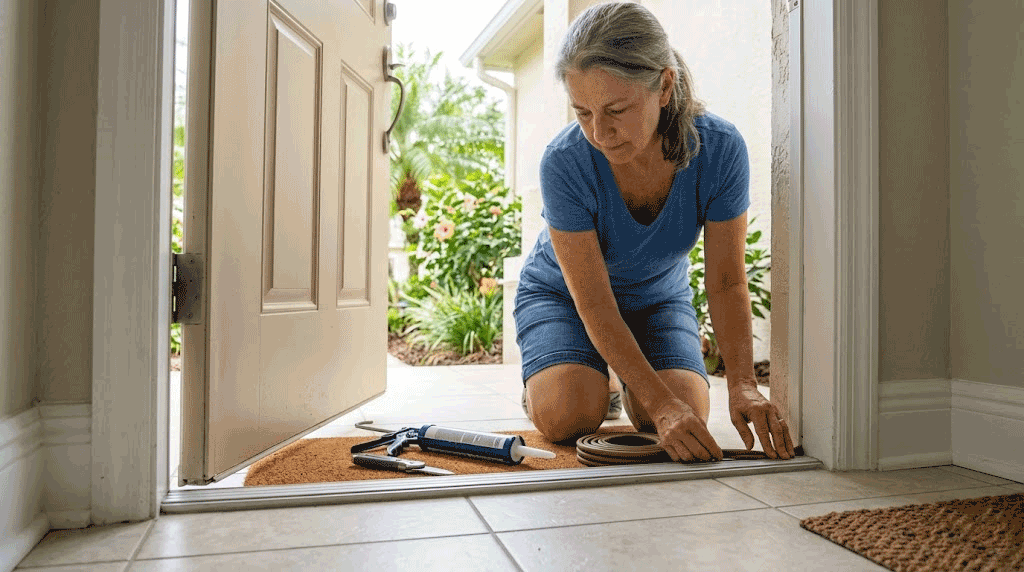 Florida homeowner sealing door threshold to prevent ants and other pests from entering the home during spring