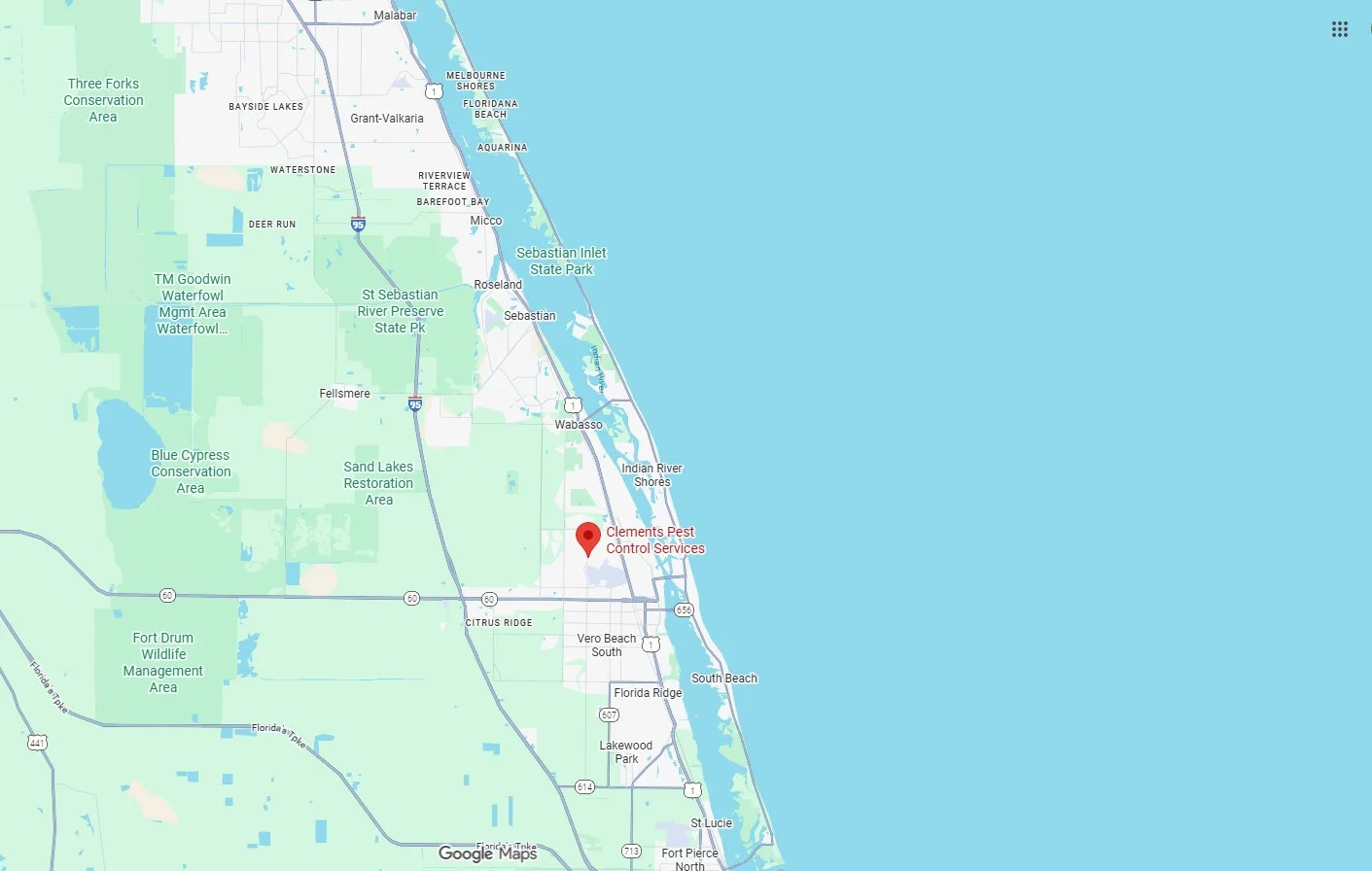 Map showing Clements Pest Control service area in Indian River County, FL