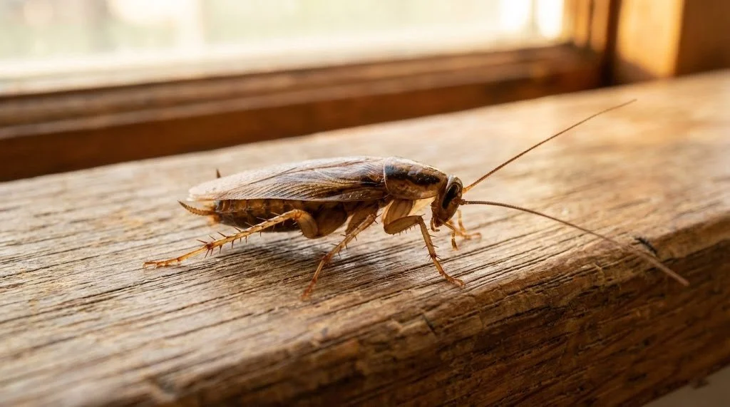 A german cockroach sitting on a wooden window sill
