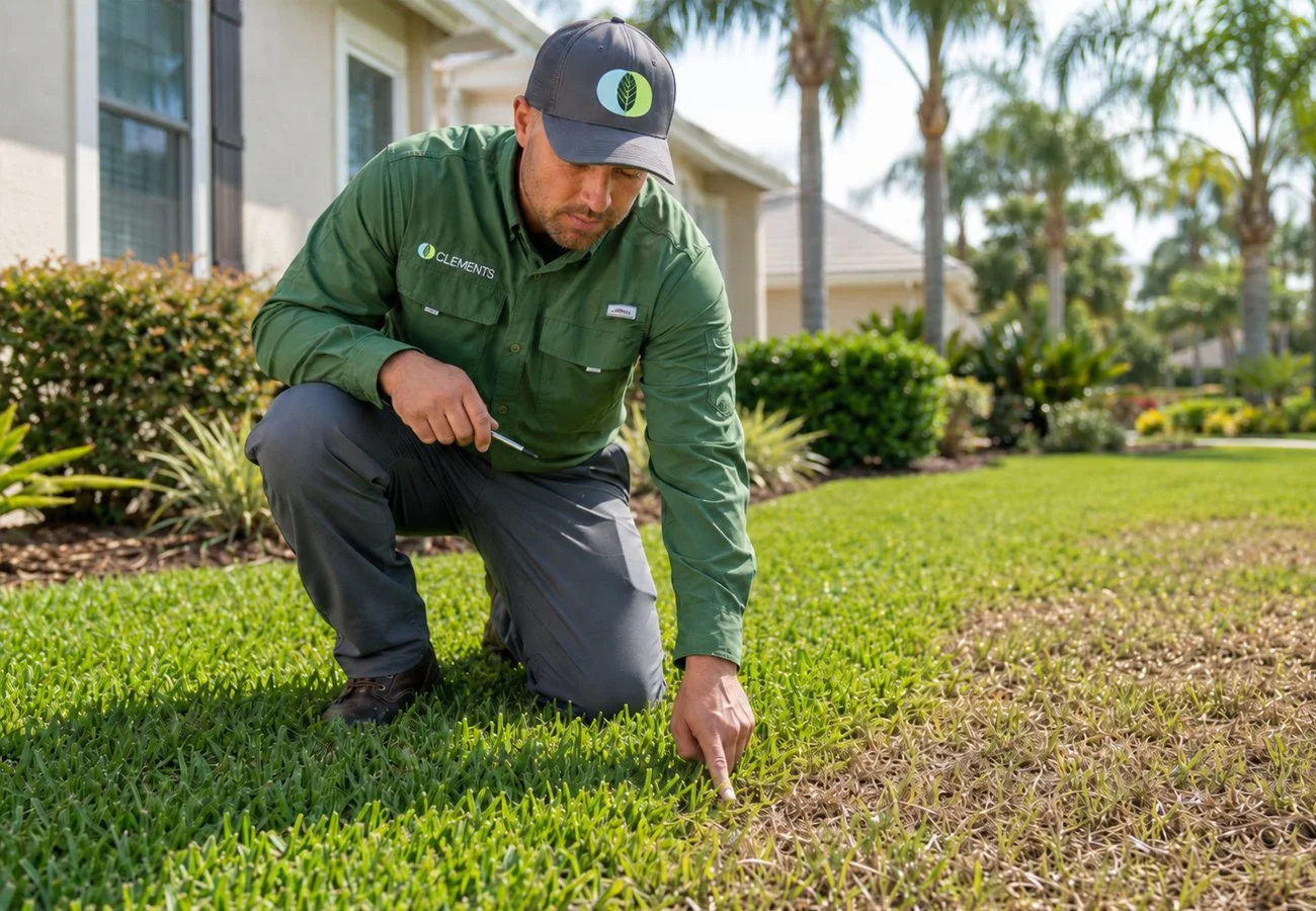 clements-tech-pointing-to-lawn-army-worm-damage.jpg