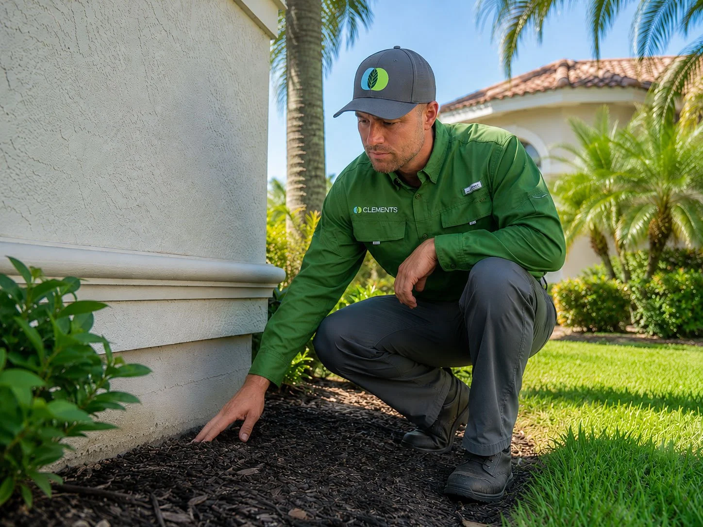 Clements tech inspecting for cockroaches along a house perimeter.jpg