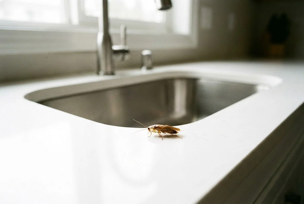 A single german cockroach on a kitchen counter next to the sink