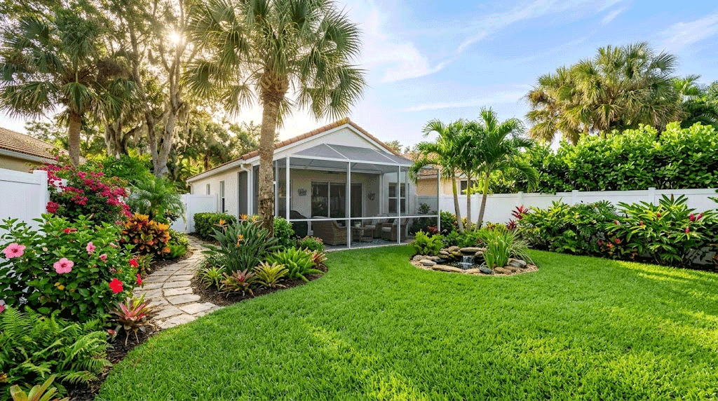 Florida backyard with lush green grass, tropical foliage and vibrant flowers
