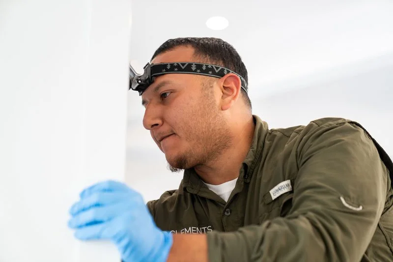 Clements technician inspecting for rodent activity inside Vero Beach home