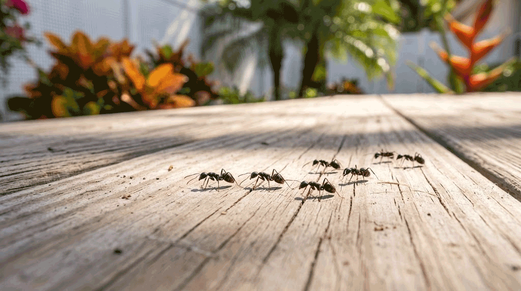 Ants marching on an outside wooden deck