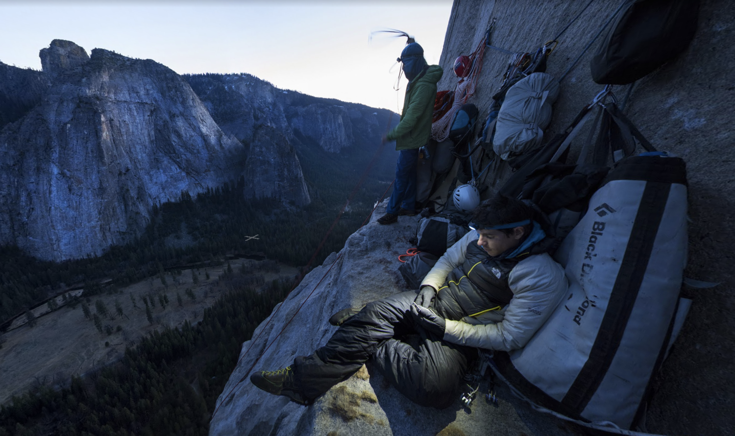El Cap at Night About halfway up the 3,000 foot route, El Cap Tower makes a comfortable ledge to stop for the night for Alex Honnold, Lynn Hill, and Tommy Caldwell. See the Street View here. 