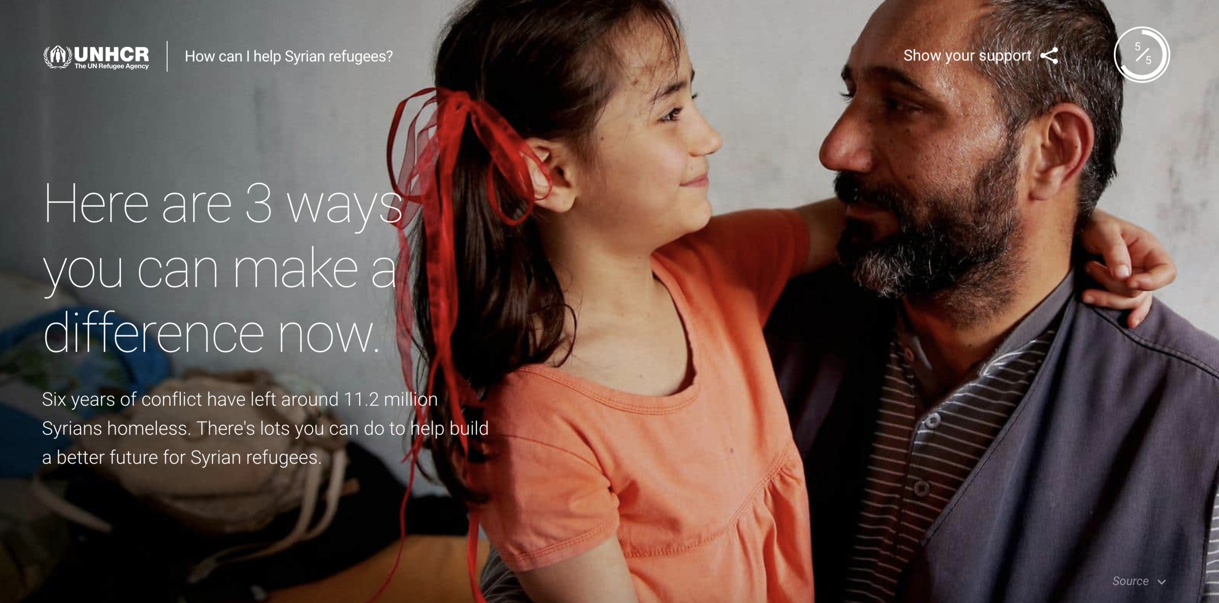 Actionable ways to get involved. Beyond giving people the background and education on the severity of the crisis, it was crucial to enable people to act on this knowledge and emotion. We partnered with the UNHCR to clearly give 3 clearly defined options to help. Nearly 10% of the over 2 million people who visited the site took action by either donating, joining or sharing.