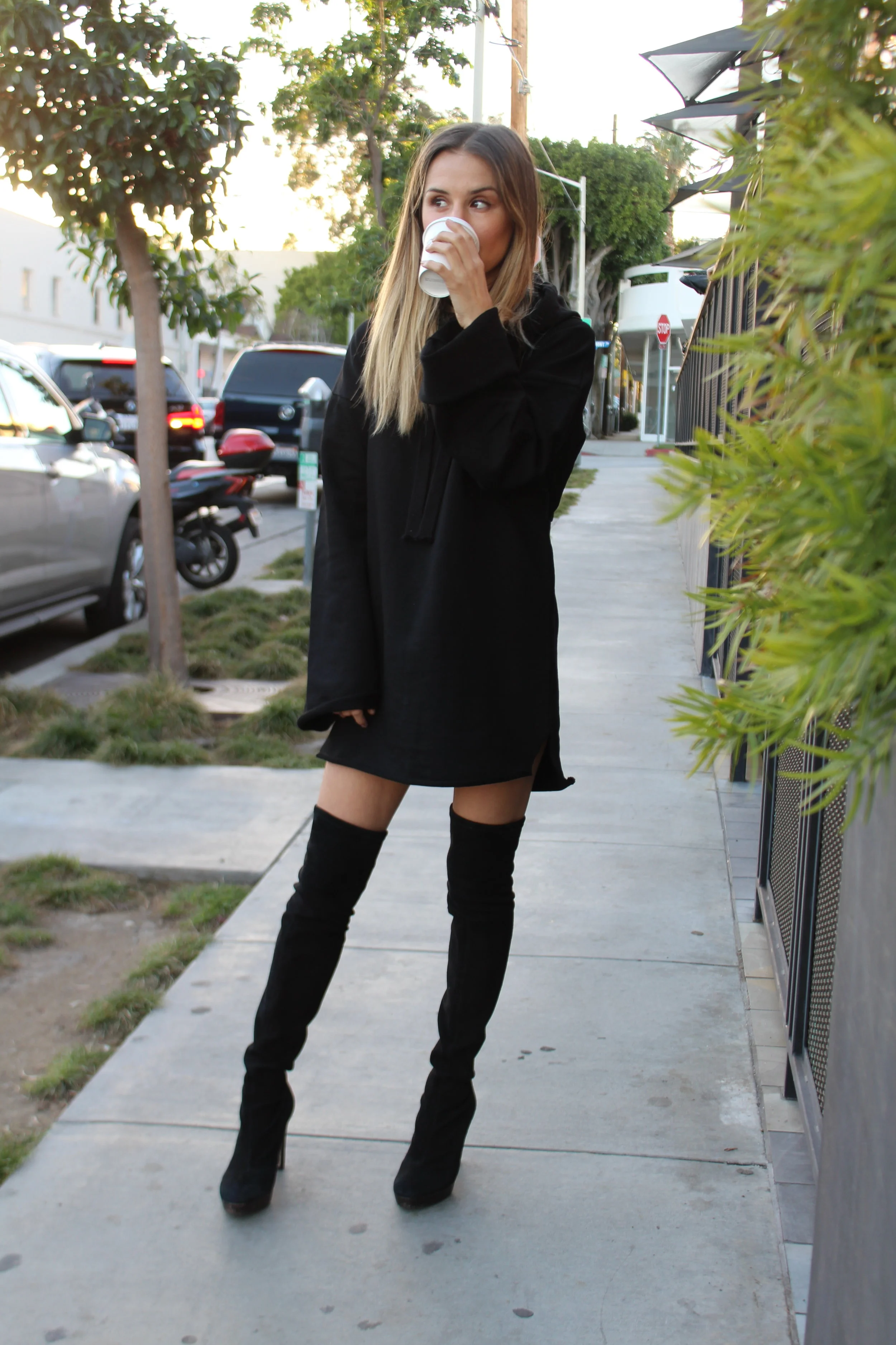 hoodie dress with thigh high boots